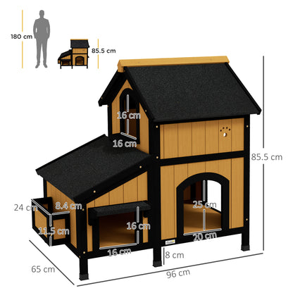 PawHut Wooden Cat House with Flower Pot, Windows, Multiple Entrances, Water-Resistant Roof for Outdoor - Yellow
