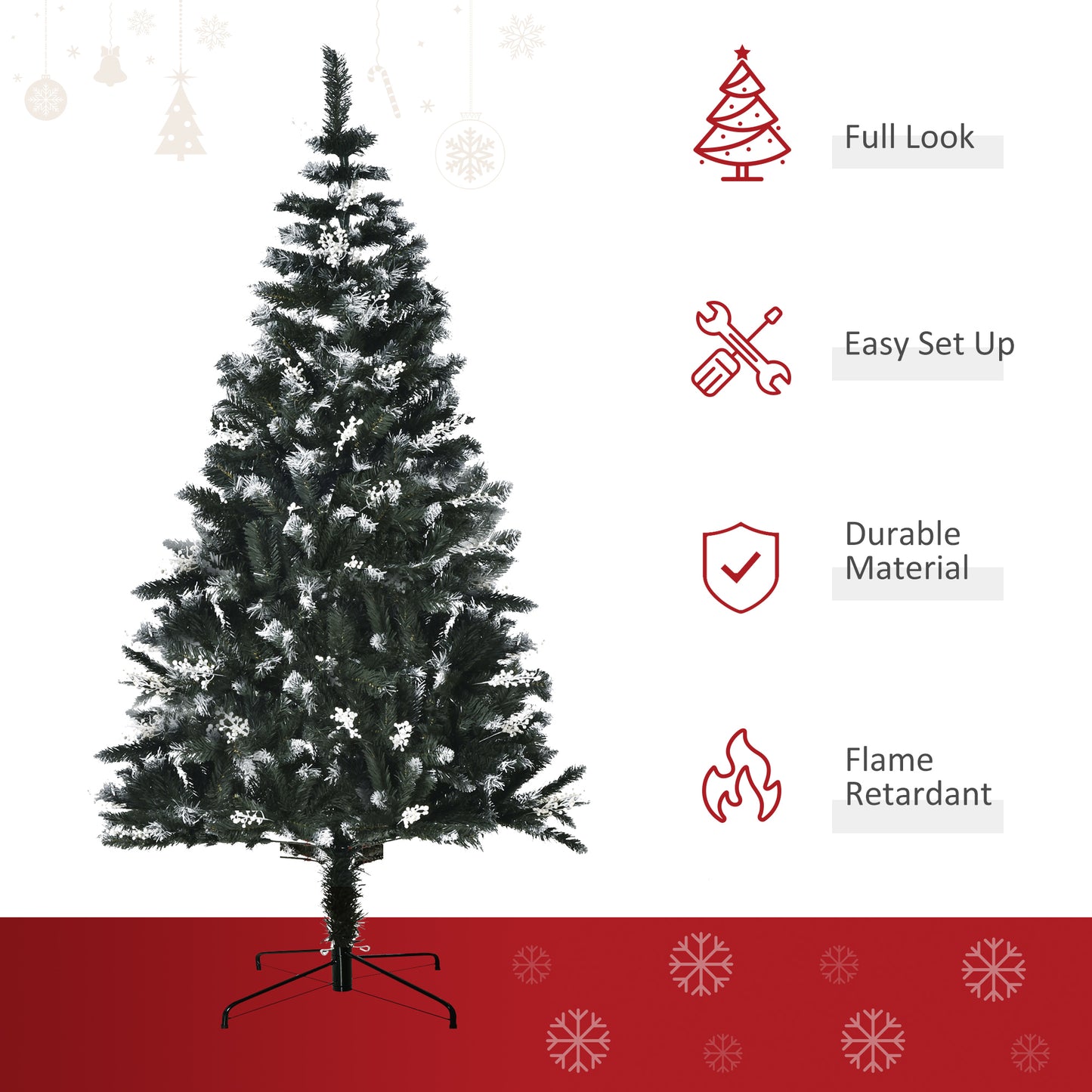 HOMCOM 6FT Artificial Snow Dipped Christmas Tree Xmas Pencil Tree Holiday Home Indoor Decoration with Foldable Feet White Berries Dark Green
