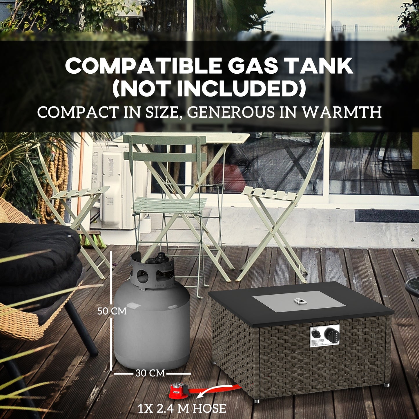 Outsunny Rattan Gas Fire Pit Table for Garden, 13 KW Smokeless Propane Fire Pit with Lid, Square Garden Coffee Table with Patio Heater for Outdoor, Patio, 58 x 58 x 33 cm, Grey