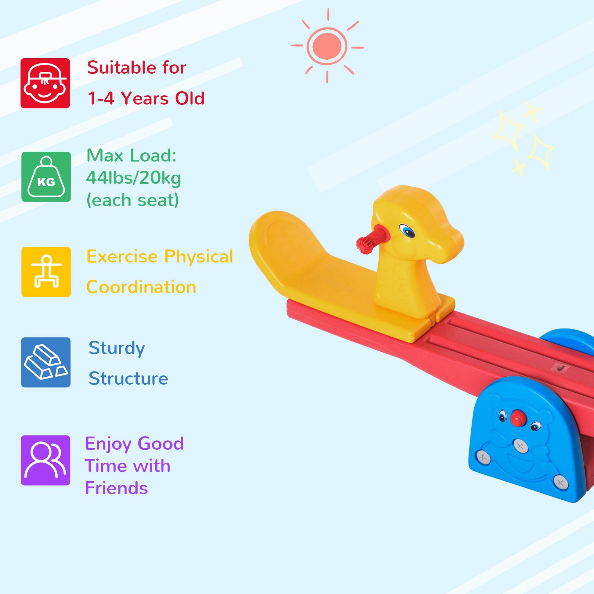 HOMCOM Kids Seesaw Safe Teeter Totter 2 Seats with Easy-Grip Handles, 360 Degrees Rotating Safe, Backyard Equipment, for 1-4 years old Multicolor