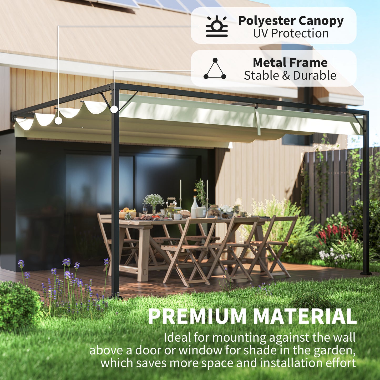 Outsunny 4 x 3(m) Outdoor Lean To Pergola Retractable Canopy Wall Mounted Gazebo Patio Shelter Sun Shade, Cream White