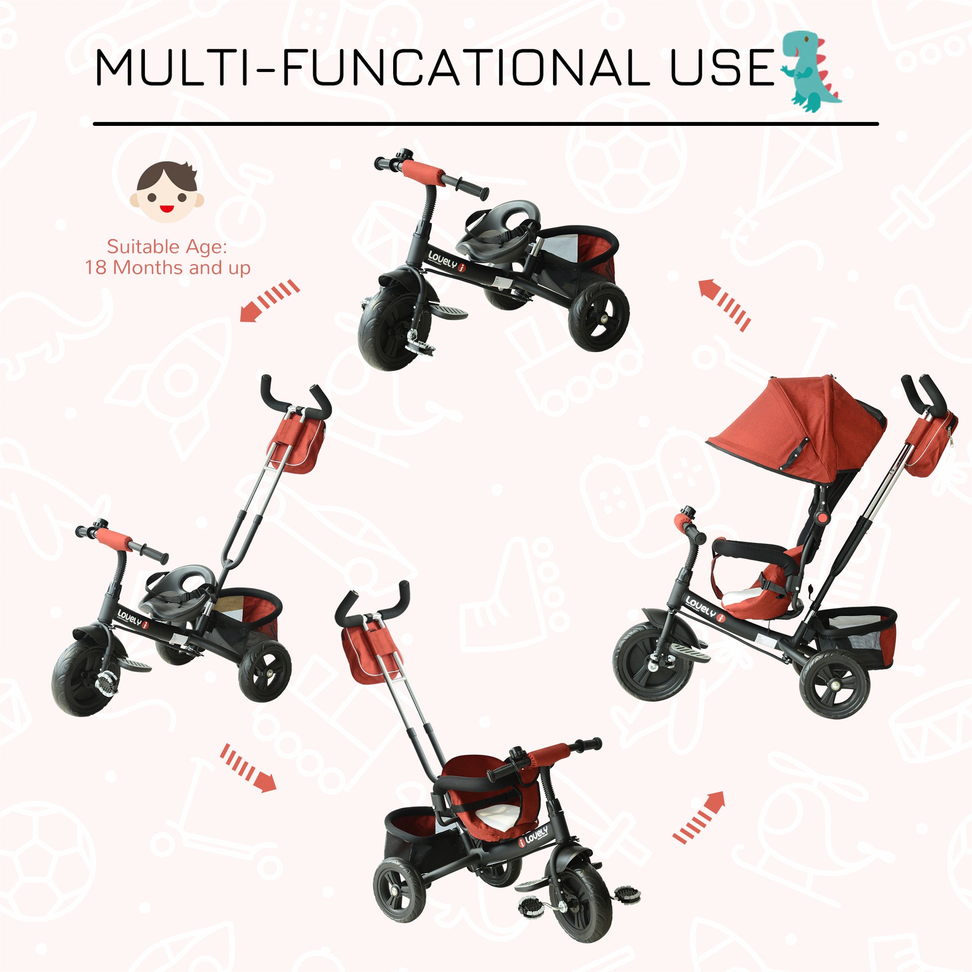 HOMCOM Baby Ride on Tricycle W/Canopy-Red