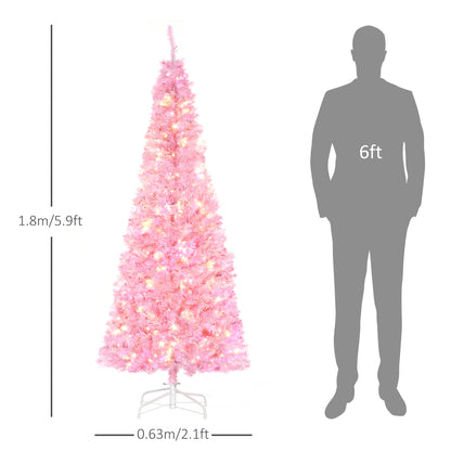 HOMCOM 6' Tall Prelit Pencil Slim Artificial Christmas Tree with Realistic Branches, 300 Warm White LED Lights and 618 Tips, Xmas Decoration, Pink