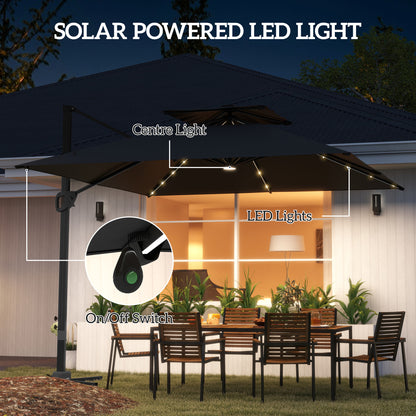 Outsunny 3.5x3 m Garden Cantilever Parasol with Solar LED Lights and Centre Light, UPF50+ Aluminium Patio Umbrella with 360° Rotation and Tilt, Hanging Sun Shade with Cross Base, Crank Handle, Black