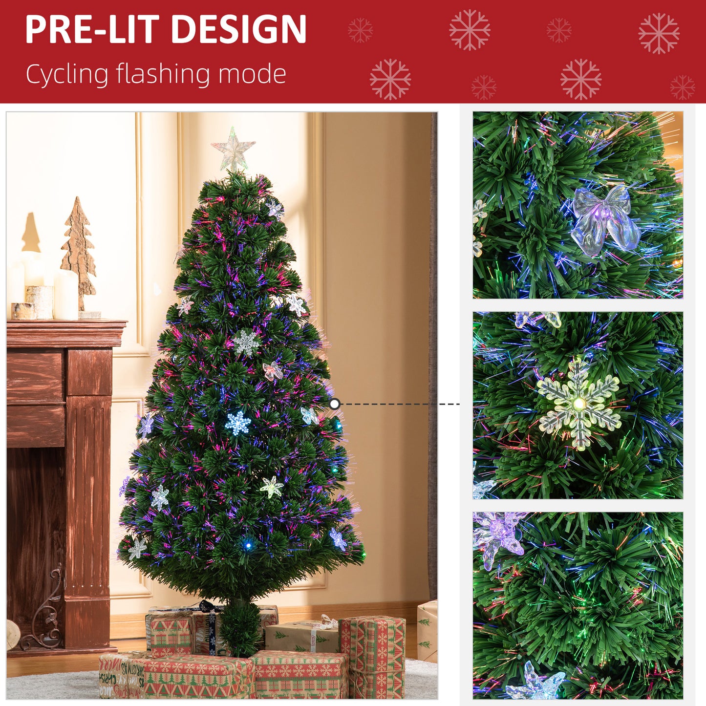 HOMCOM HOMCM 5FT Prelit Artificial Christmas Tree Fiber Optic LED Light Holiday Home Xmas Decoration Tree with Foldable Feet, Green