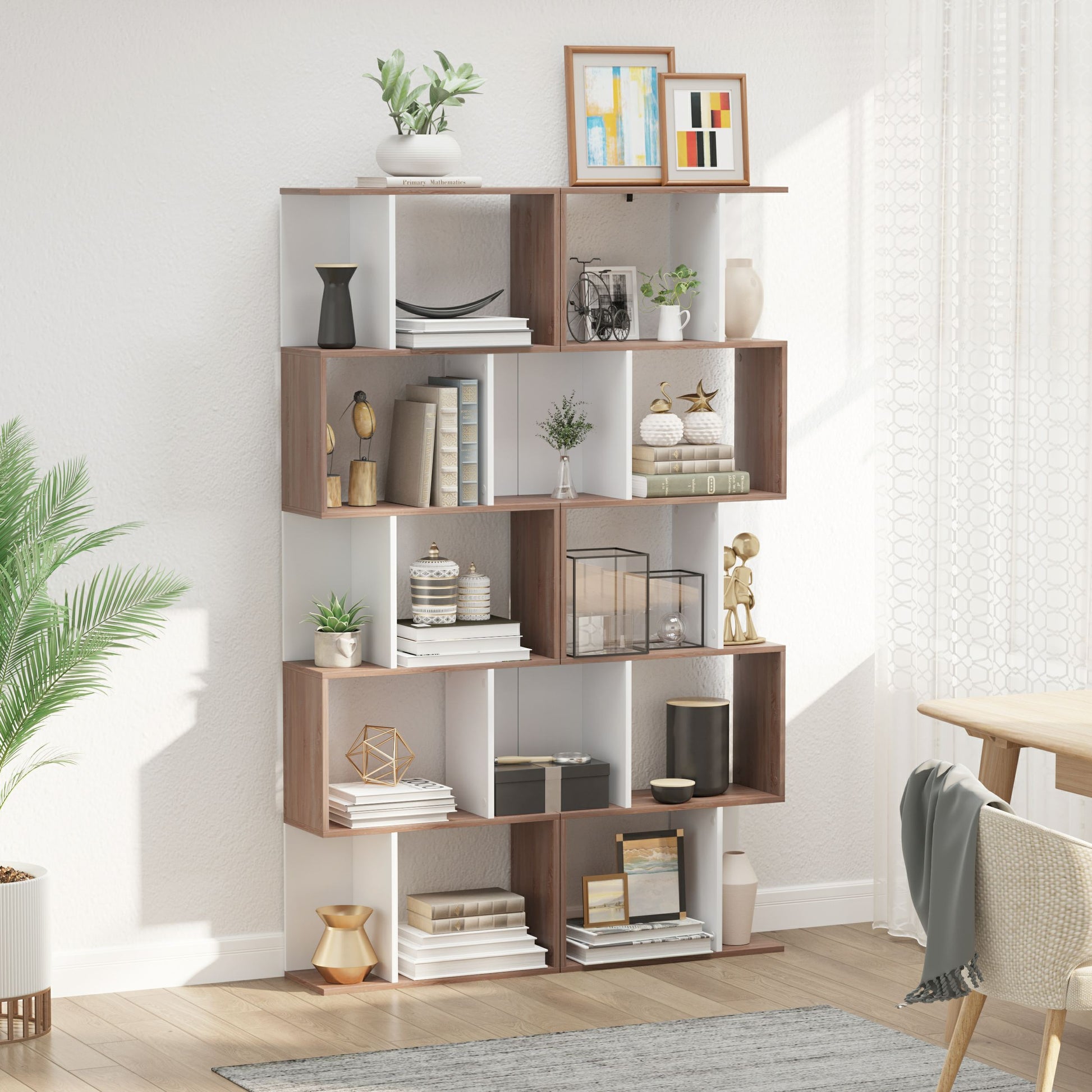 HOMCOM 5-tier Bookcase Storage Display Shelving S Shape design Unit Divider White