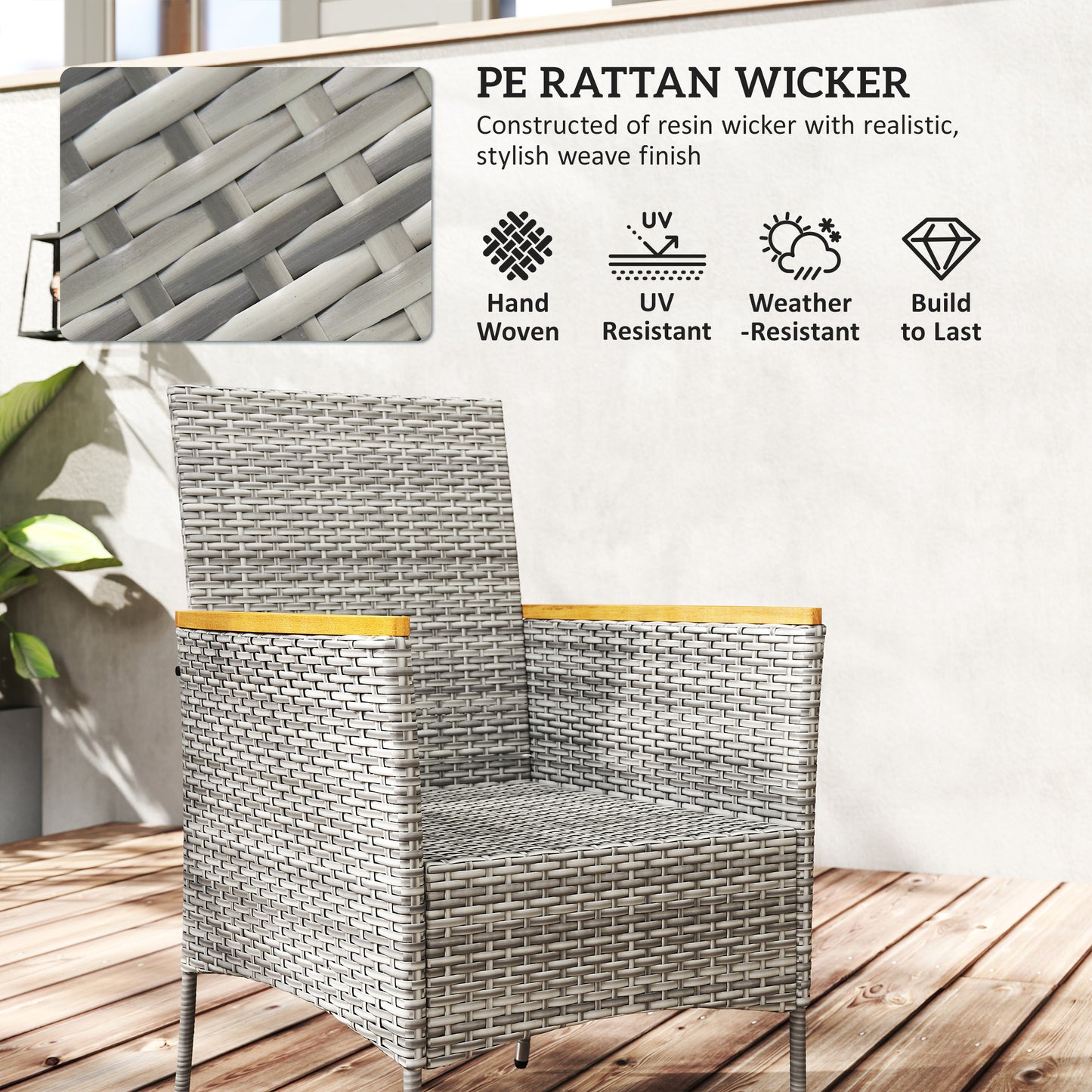Outsunny Five-Piece Rattan Set, with Wood-Top Table - Teak