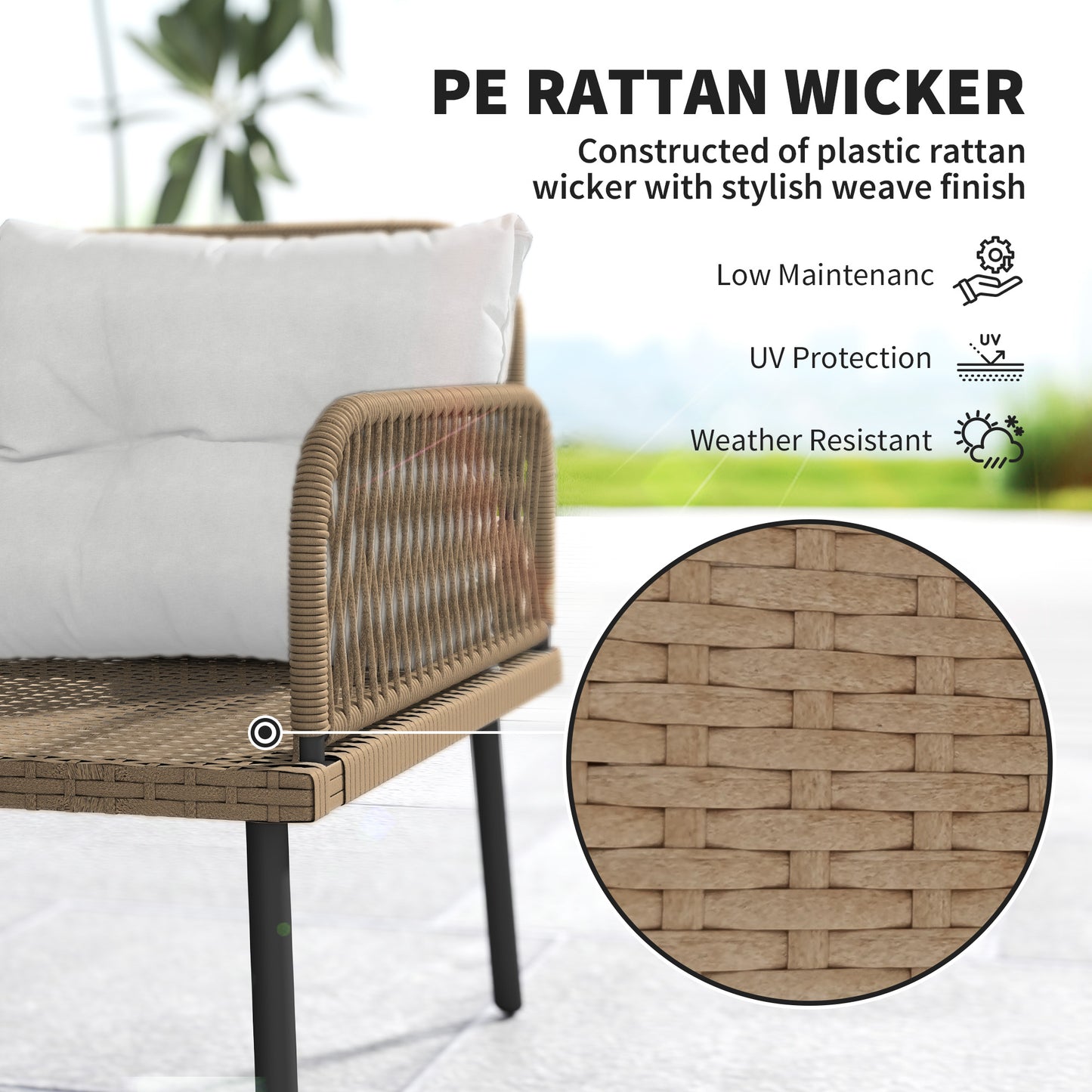 Outsunny 6 Piece Rattan Garden Furniture Set, 8 Seater Garden Corner Sofa with Cushions and Glass Top Table, Sectional Outdoor Furniture Conservatory Set for Patio, Cream White