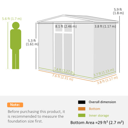 Outsunny 8 x 4 ft Metal Garden Shed, Garden Storage Shed with Window, 4 Vents and Lockable Door, Waterproof Galvanised Steel Tool Storage Shed, Dark Grey