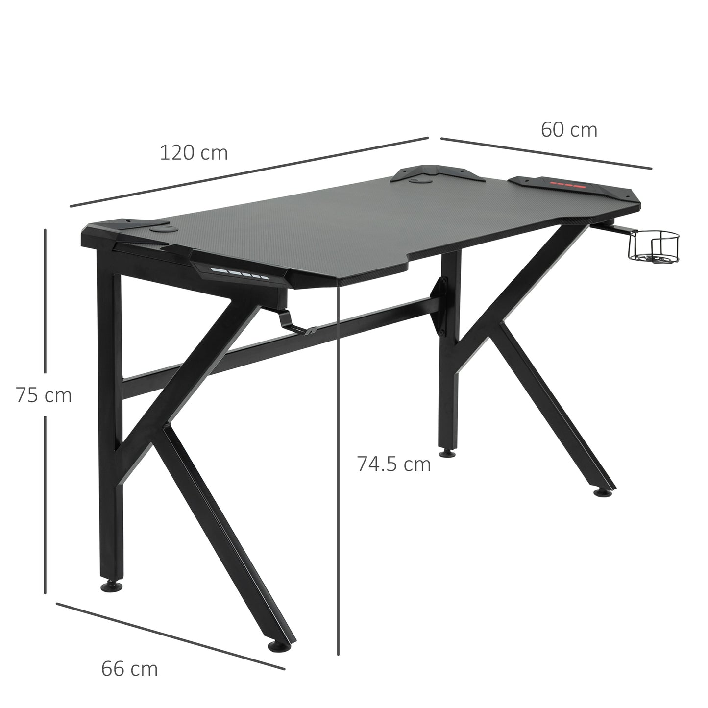 HOMCOM Gaming desk with Cup Holder Headphone Hook Feet Adjustable 120 x 66 x 75cm Black