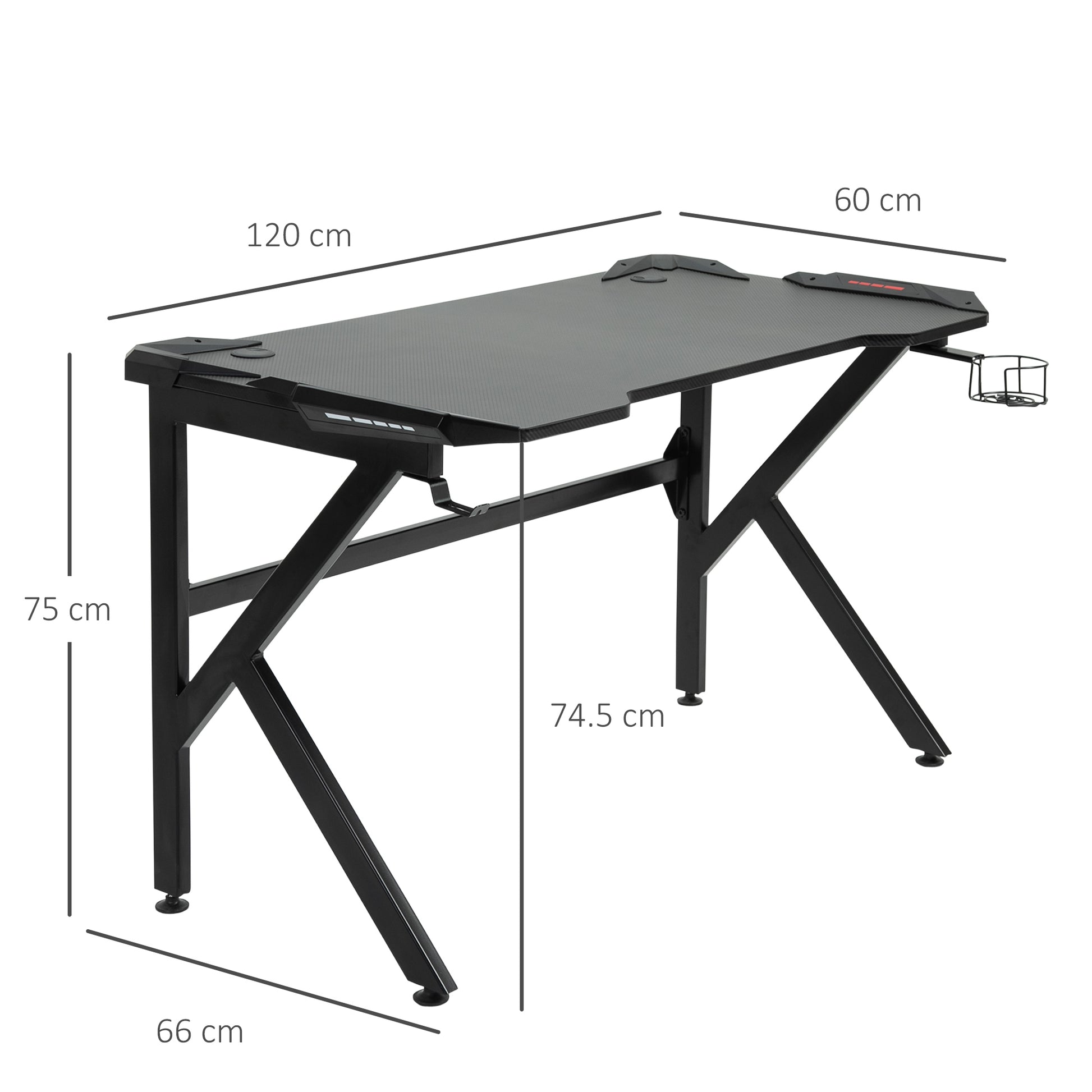 HOMCOM Gaming desk with Cup Holder Headphone Hook Feet Adjustable 120 x 66 x 75cm Black