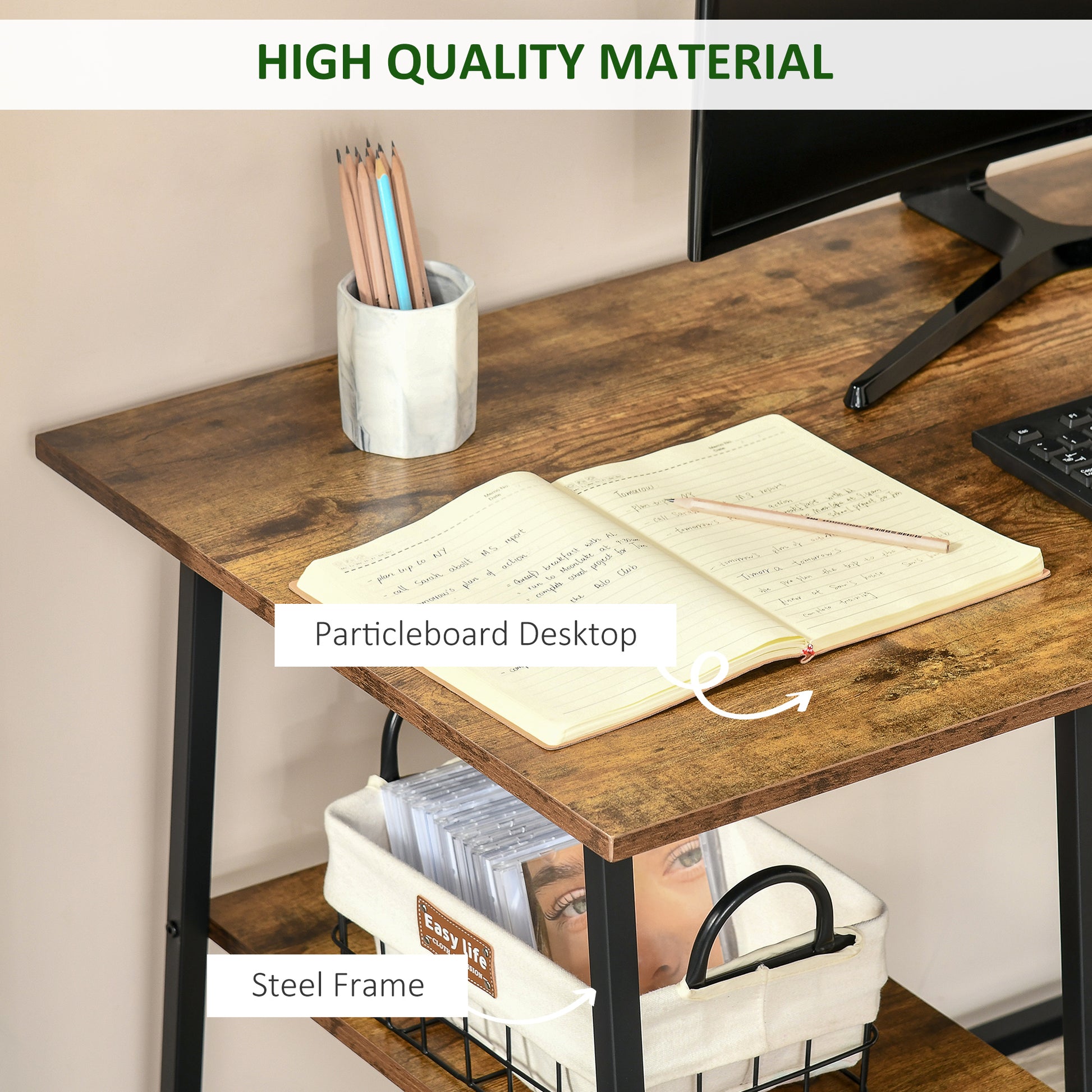 HOMCOM Office Desk Working Station Home Office Table with 2 Shelves Computer Gaming Desk Steel Frame Black and Rustic Brown