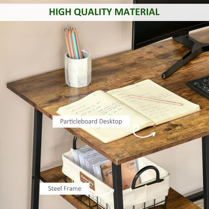 HOMCOM Office Desk Working Station Home Office Table with 2 Shelves Computer Gaming Desk Steel Frame Black and Rustic Brown