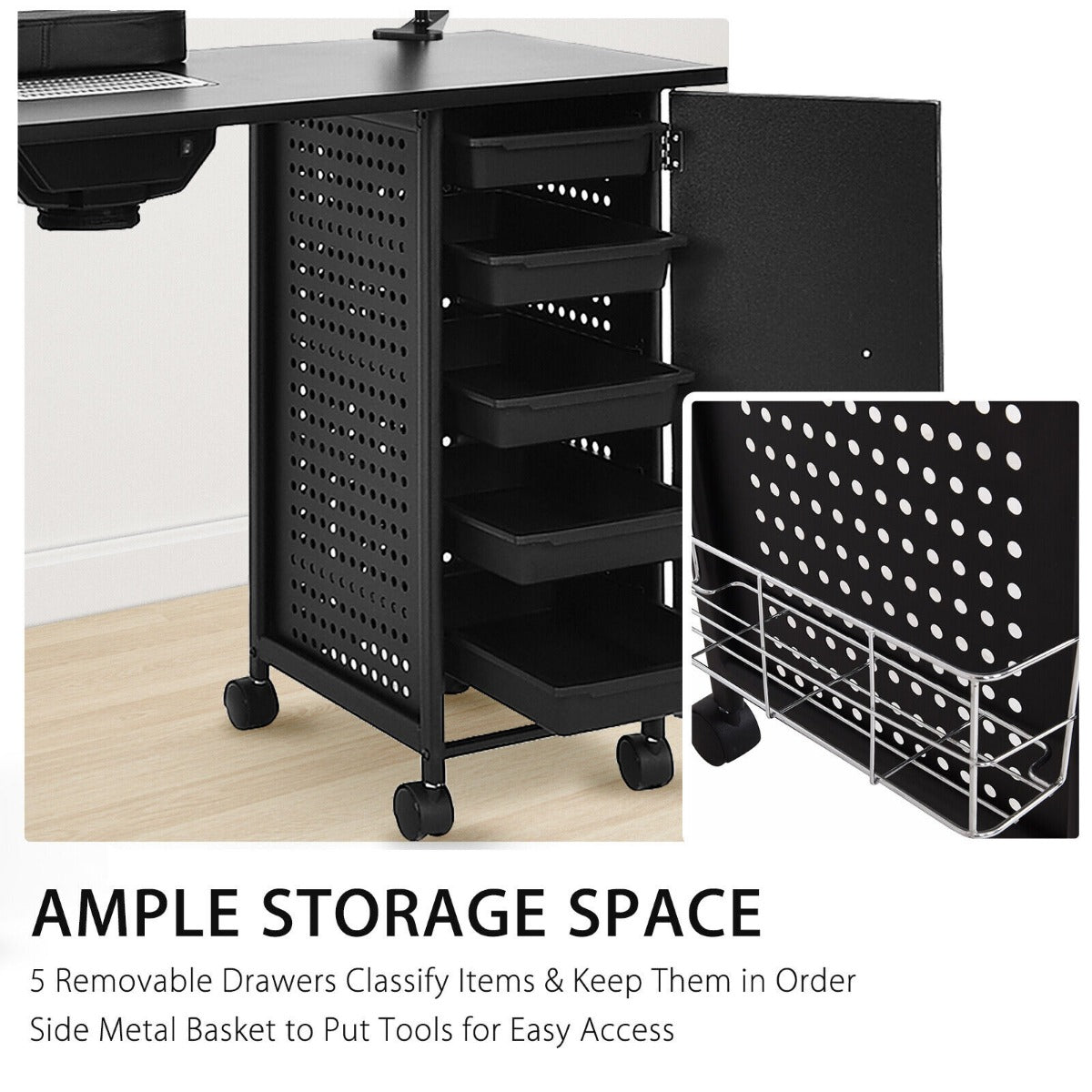 Mobile Manicure Nail Table with Electric Downdraft Vent and Adjustable LED Lamp-Black