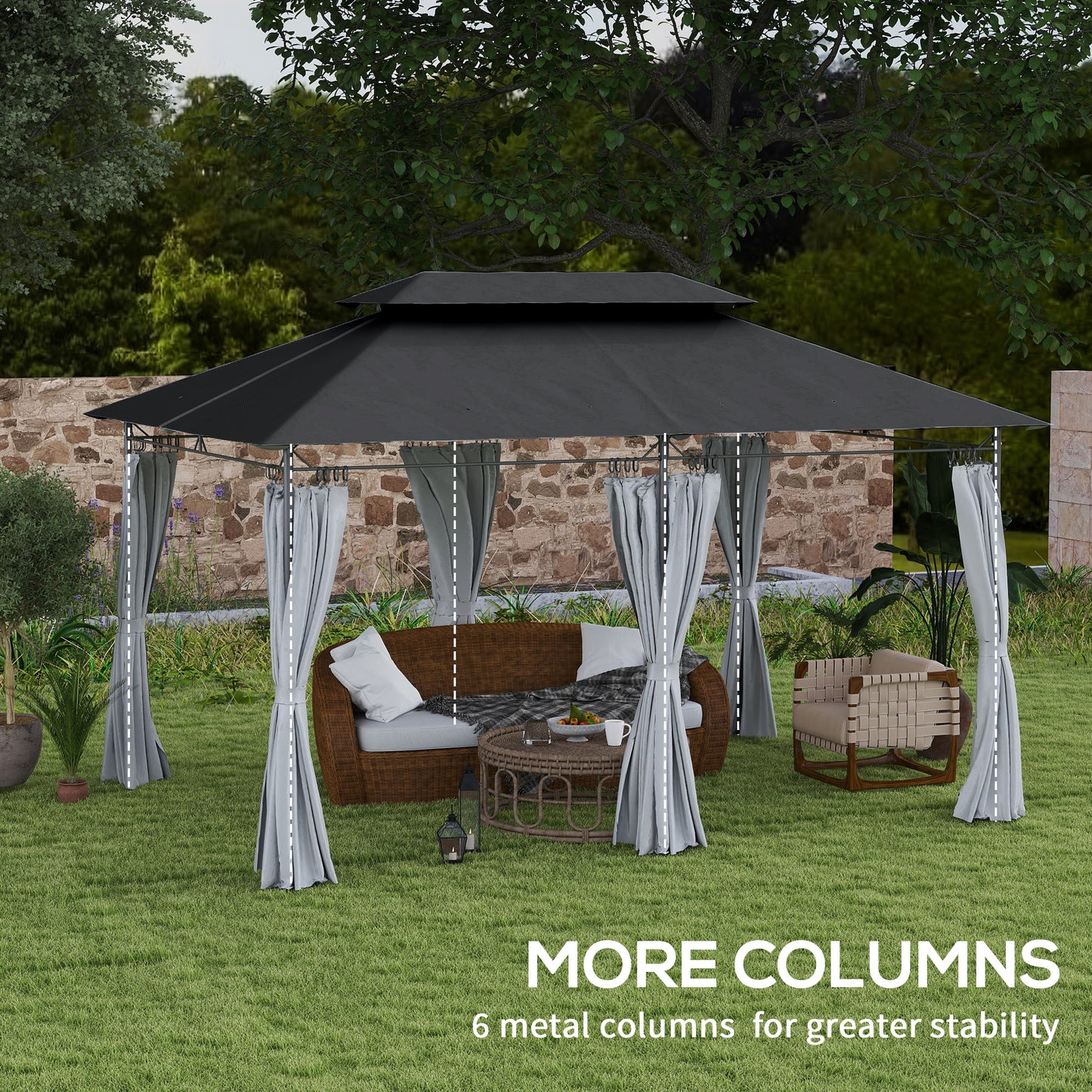 Outsunny 3 x 4m Metal Frame, Two-Tier Roof Gazebo - Dark Grey