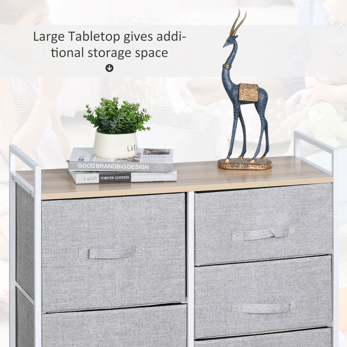 HOMCOM 5 Drawer Linen Storage Chest Home Organisation w/ Shelf Handles Metal Frame Adjustable Feet Hallway Home Dresser Grey