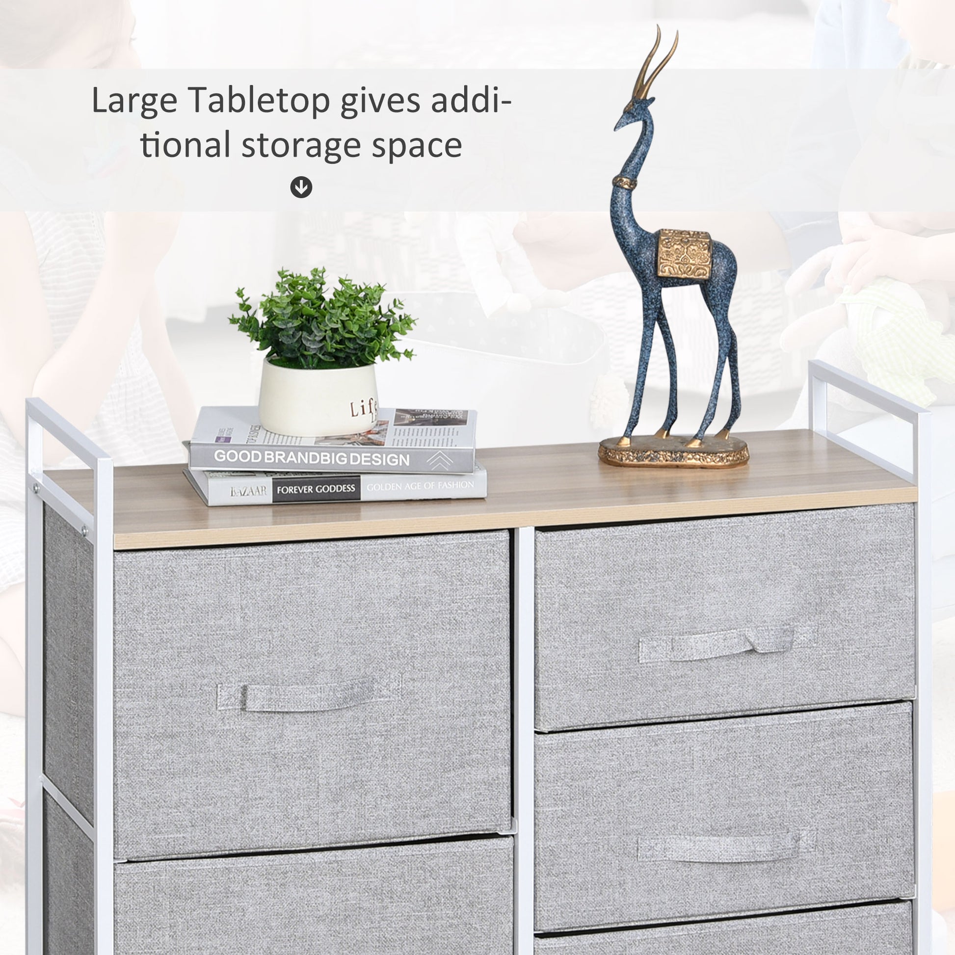 HOMCOM 5 Drawer Linen Storage Chest Home Organisation w/ Shelf Handles Metal Frame Adjustable Feet Hallway Home Dresser Grey