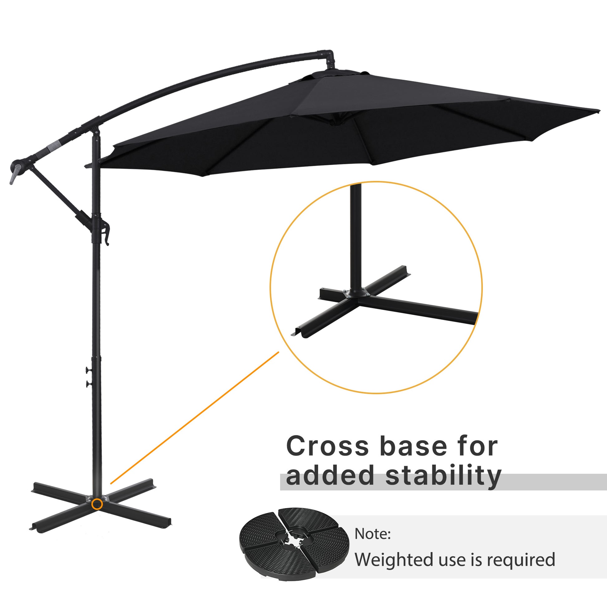 Outsunny 2.45m Overhanging Cantilever Parasol, Heavy Duty Waterproof Garden Umbrella with Cross Base, Black