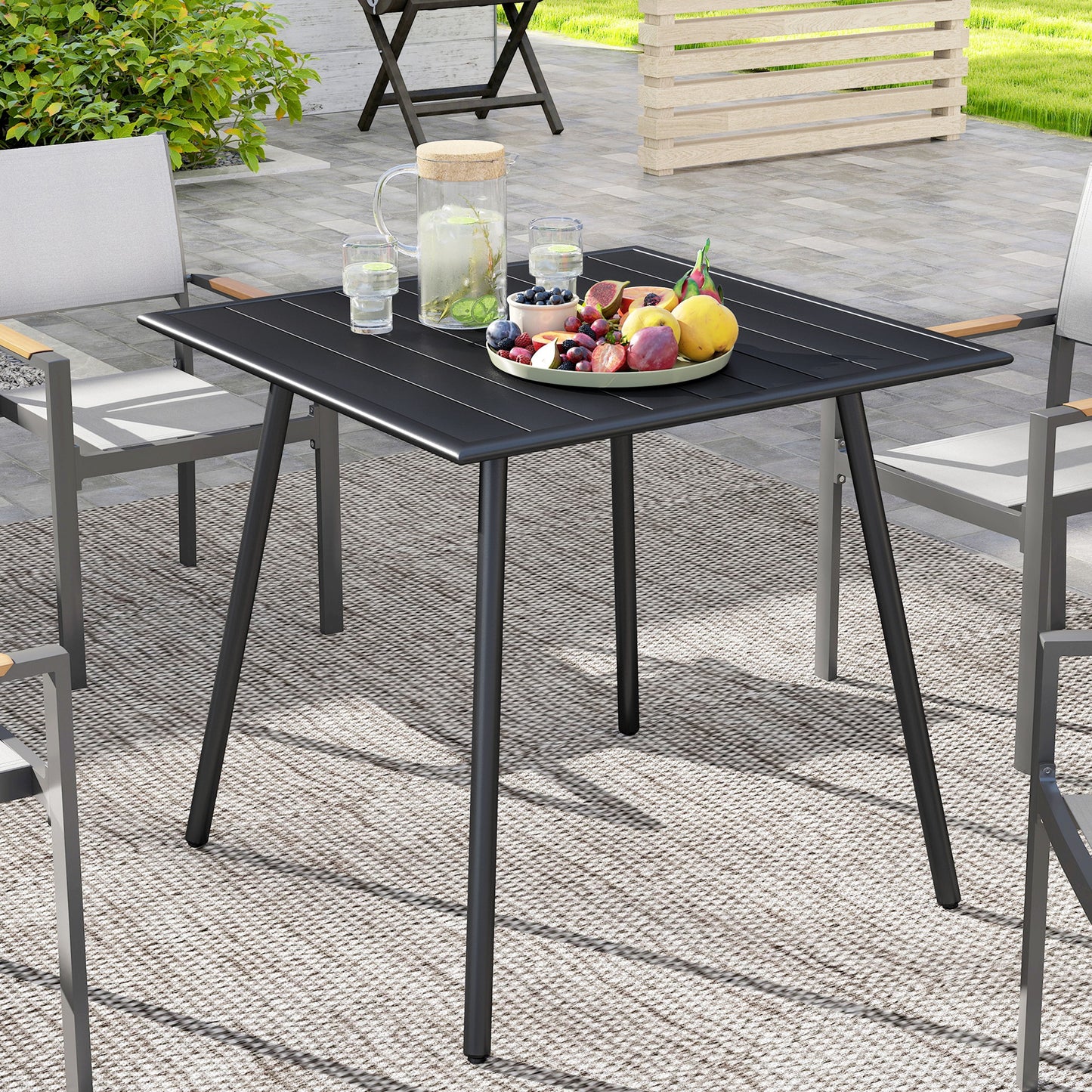 Outsunny Square Garden Table with Slat Top, Steel Frame, Outdoor Table for 4 Person, 80 x 80 x 74 cm, Black