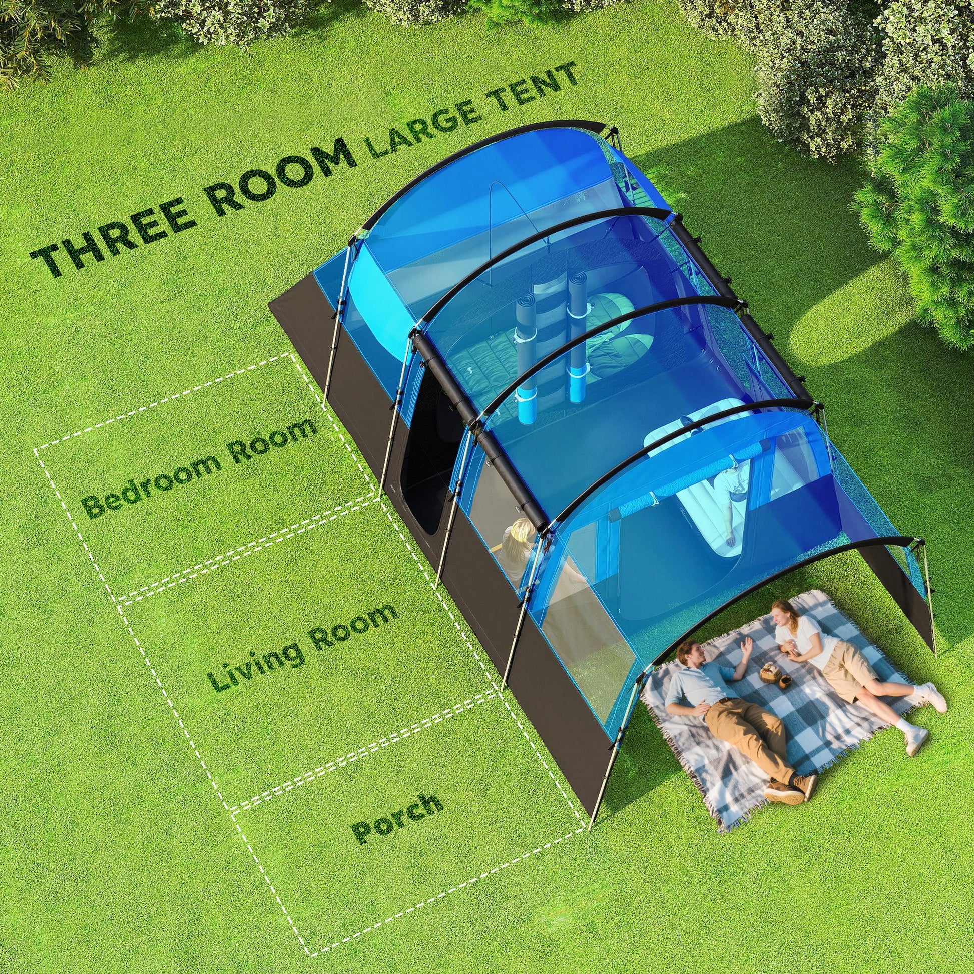 Outsunny 8-Person Camping Tent, Waterproof Family Tent, Tunnel Design, 4 Large Windows, Sleeping Cabins 3000mm Water Column Blue
