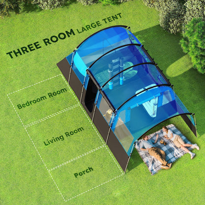 Outsunny 8-Person Camping Tent, Waterproof Family Tent, Tunnel Design, 4 Large Windows, Sleeping Cabins 3000mm Water Column Blue