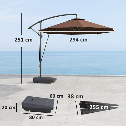 Outsunny 3(m) Garden Cantilever Parasol with Fillable Base up to 90kg, Wind Protection Strap, Cover, Round Banana Hanging Umbrella with Crank Handle and Tilt, UPF50+ Patio Umbrella, Brown