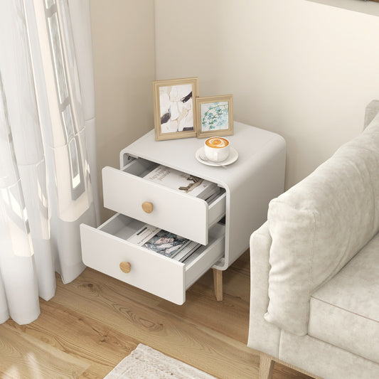Home Modern Style 2-Drawer Bedside Sofa Side Table with Solid Rubber Wood Legs-White