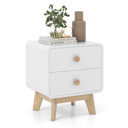 Home Modern Style 2-Drawer Bedside Sofa Side Table with Solid Rubber Wood Legs-White