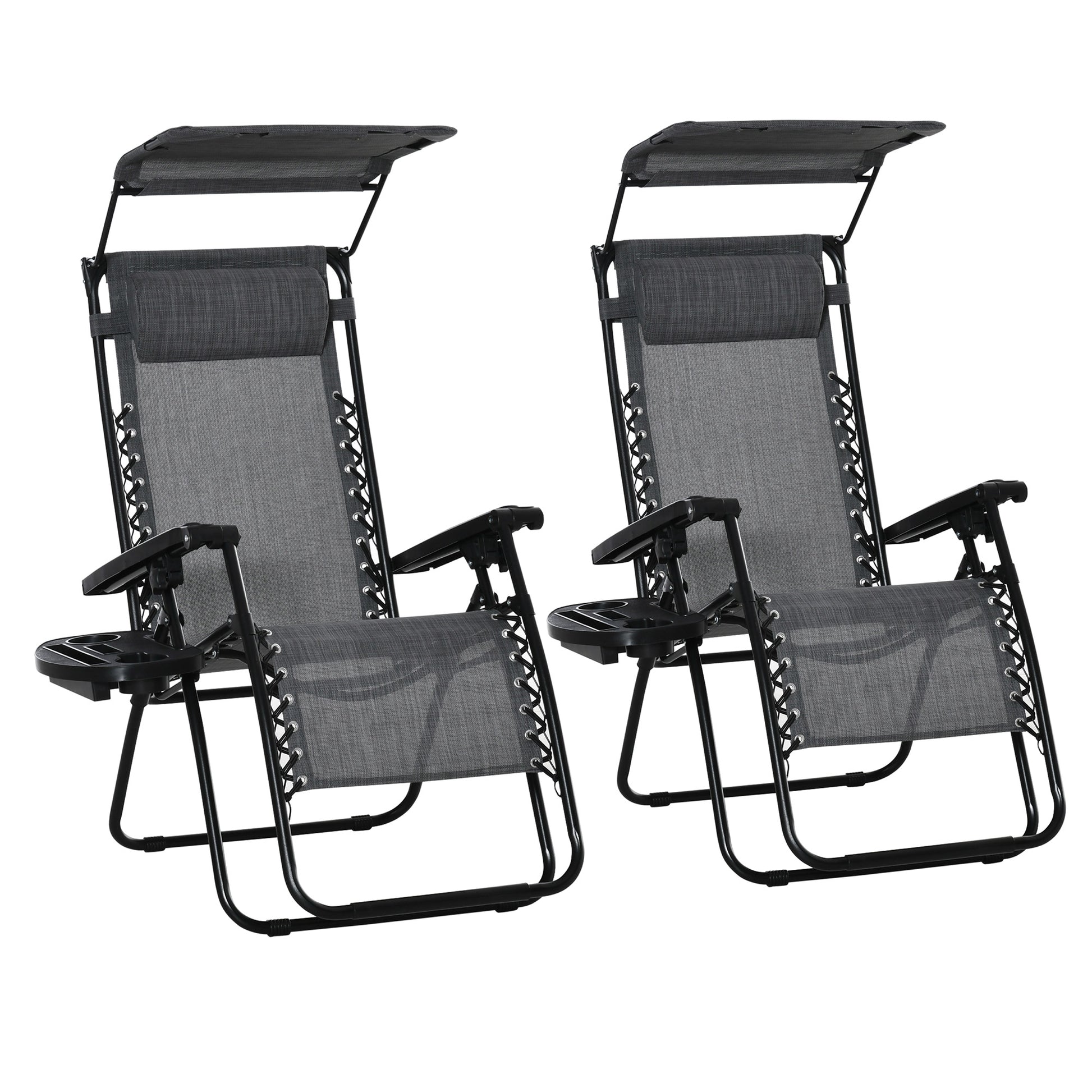 Outsunny 2 Piece Foldable Reclining Garden Chair with Headrest, Zero Gravity Deck Sun Lounger Seat Chair with Footrest, Armrest, Cup Holder & Canopy Shade, Light Grey