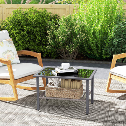 Outsunny Outdoor Rattan Coffee Table with Tempered Glass Top, Storage Shelf, Foot Pads, for Patio, Balcony, Mixed-grey
