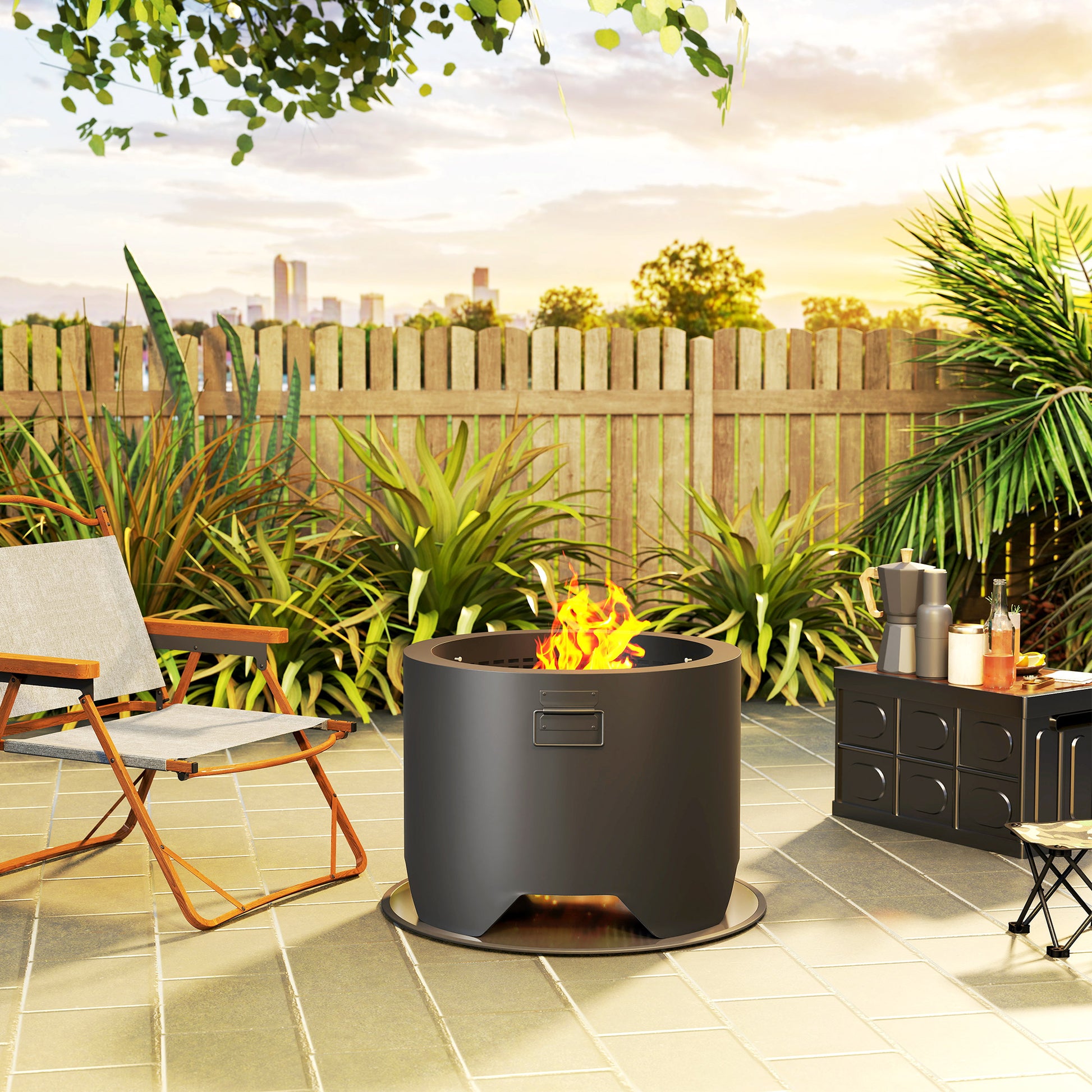 Outsunny Outdoor Round Fire Pit with Lid and Fire Poker - Black