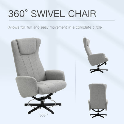 HOMCOM Linen Fabric Recliner and Ottoman Set, Swivel Leisure Lounge Chair with Footstool, 135° Adjustable Backrest and Thick Foam Padding, Light Grey