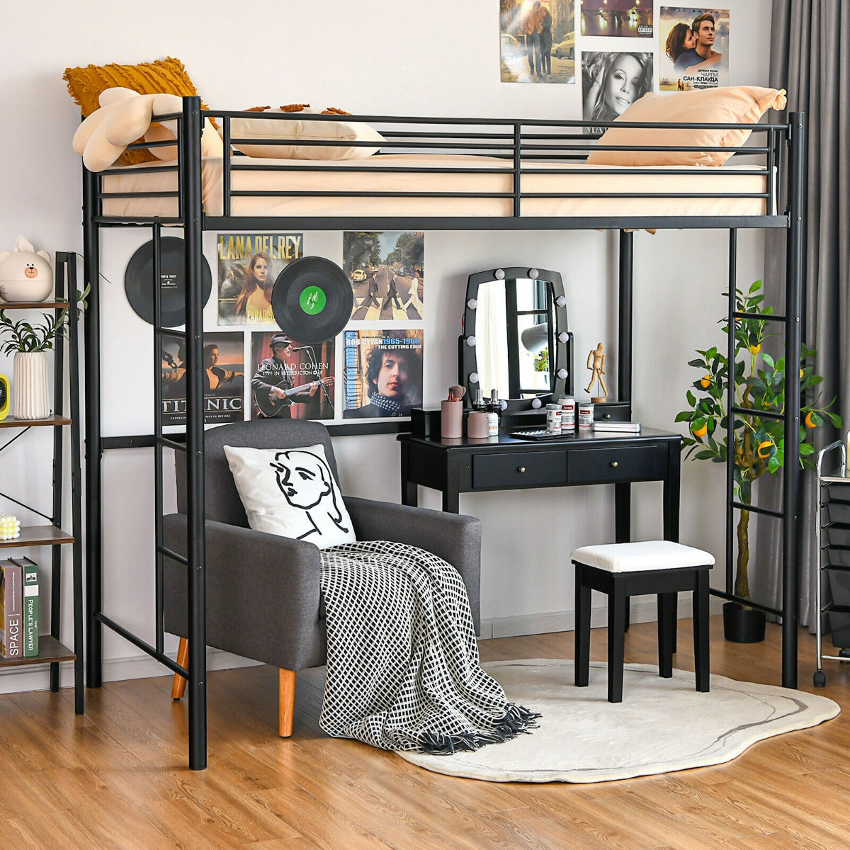 Twin Metal Loft Bed Frame with Safety Guardrail for Kids and Adults-Black