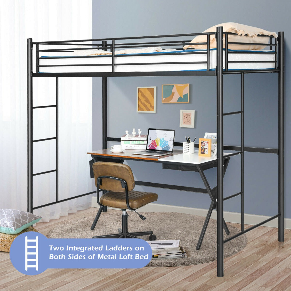 Twin Metal Loft Bed Frame with Safety Guardrail for Kids and Adults-Black