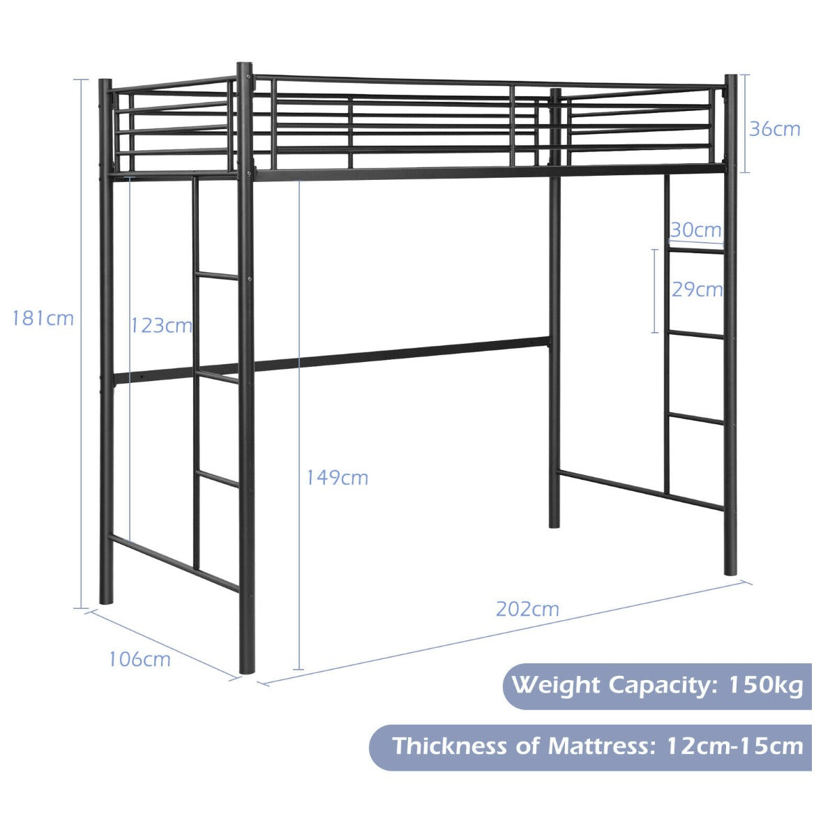 Twin Metal Loft Bed Frame with Safety Guardrail for Kids and Adults-Black