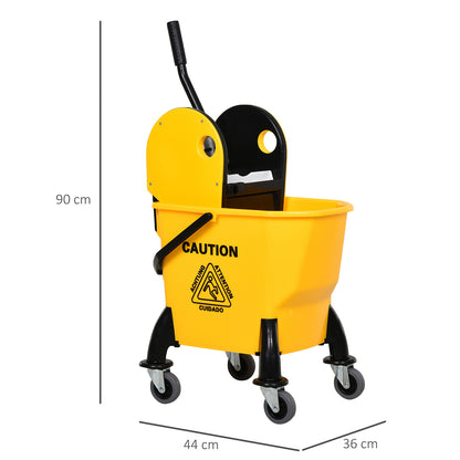 HOMCOM 26L Mop Bucket & Water Wringer w/ 4 Wheels Plastic Body Metal Handle Pole Holder Home Commercial Cleaning Floor Cart Yellow