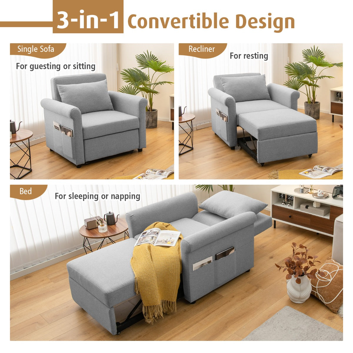  3-in-1 Convertible Sofa Bed with Pillow-Grey