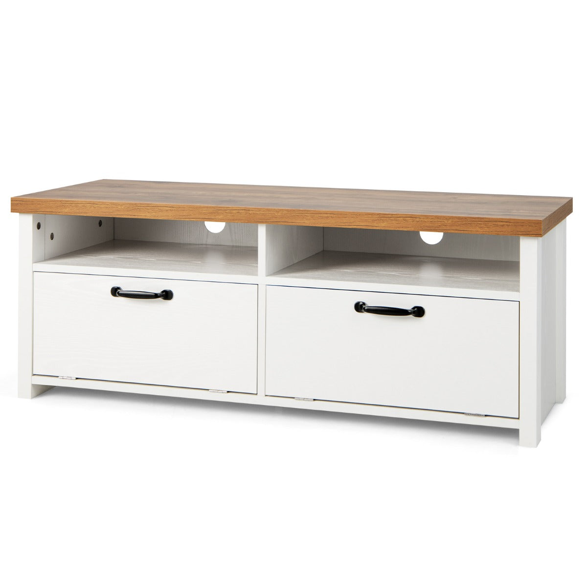Modern TV Console Table with 2 Open Shelves and 2 Enclosed Cabinets-White