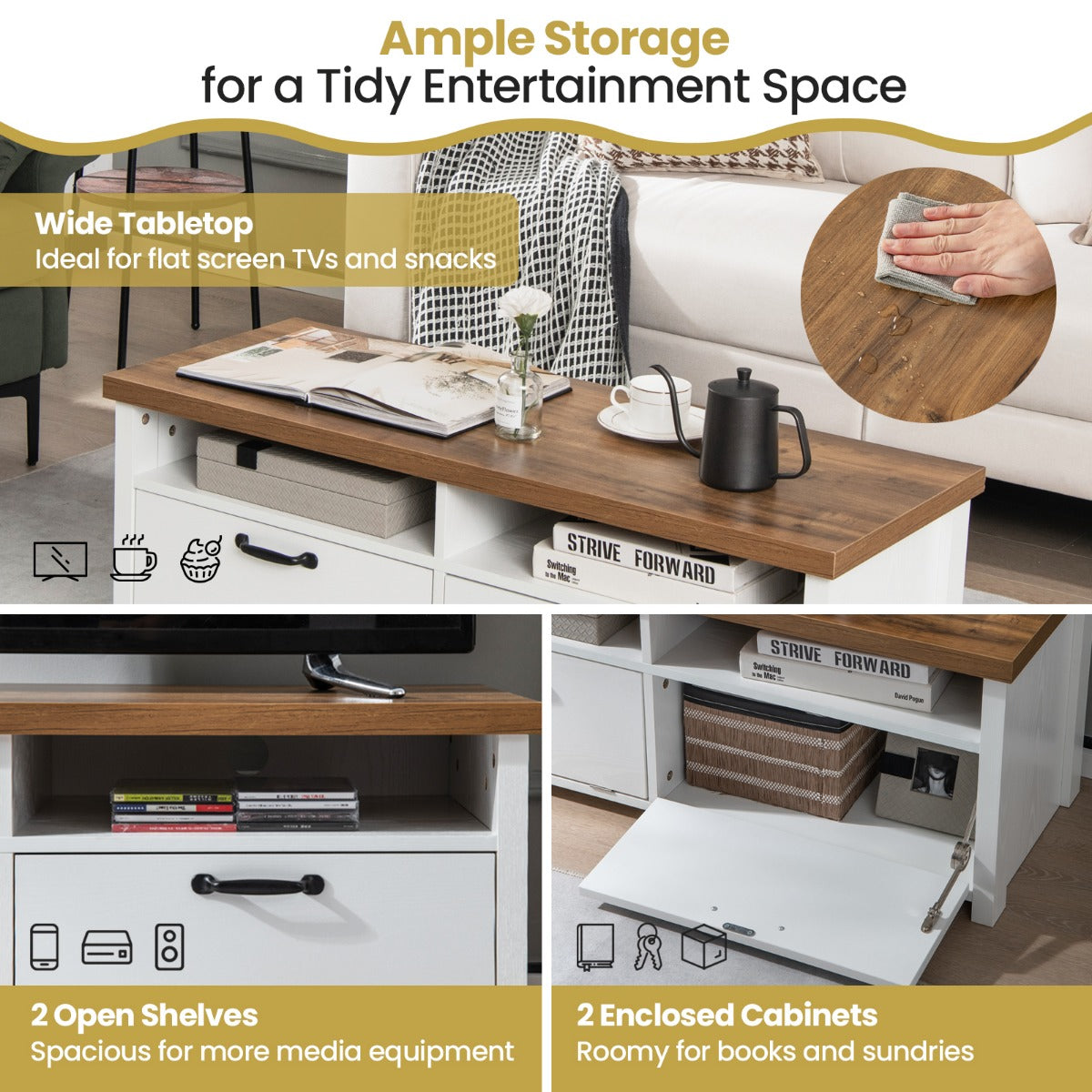 Modern TV Console Table with 2 Open Shelves and 2 Enclosed Cabinets-White