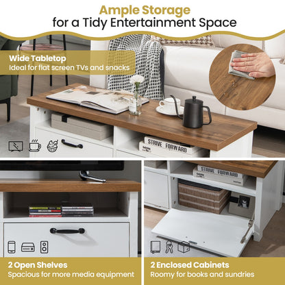 Modern TV Console Table with 2 Open Shelves and 2 Enclosed Cabinets-White