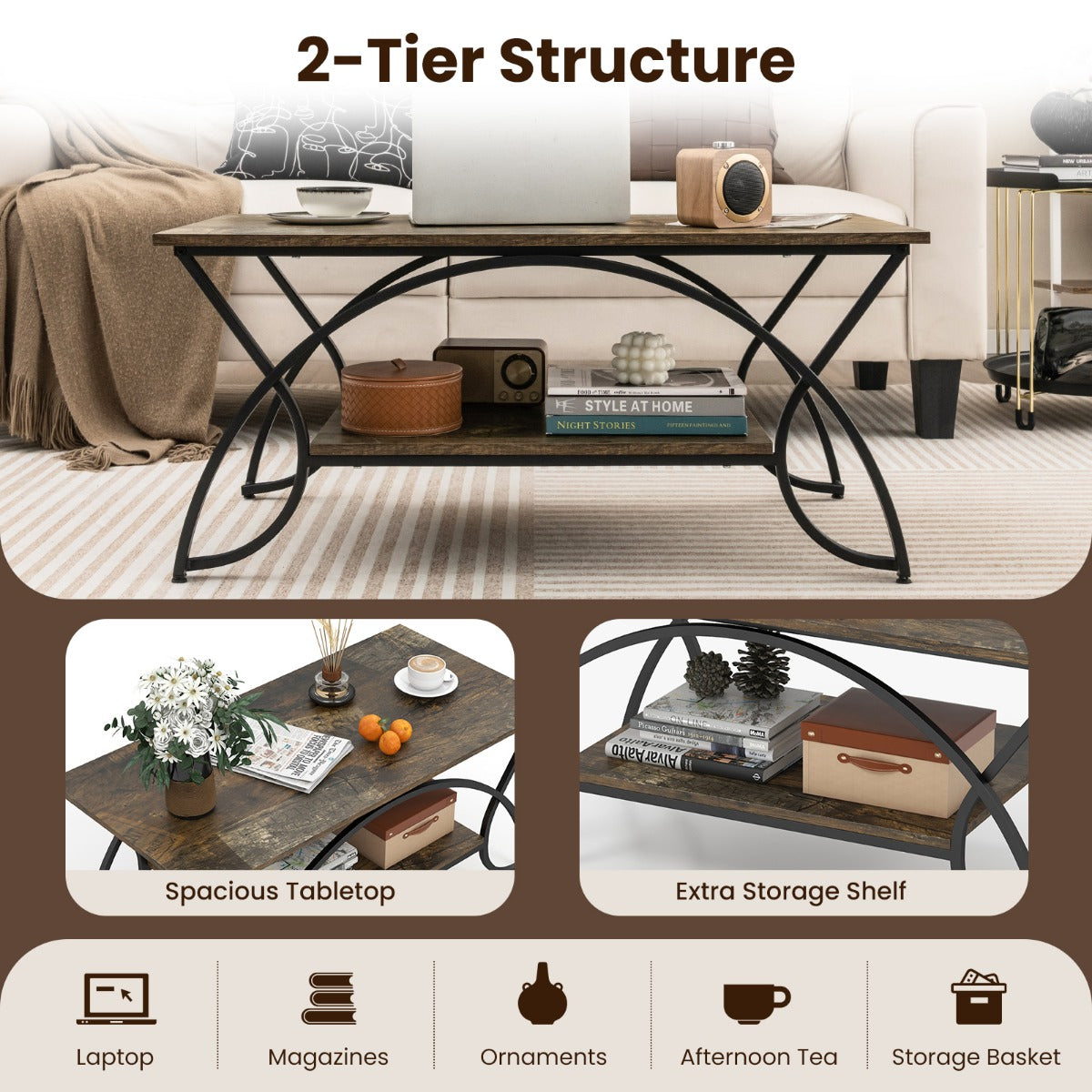 2-Tier Faux Marble Coffee Table with Golden Metal Frame-Wood