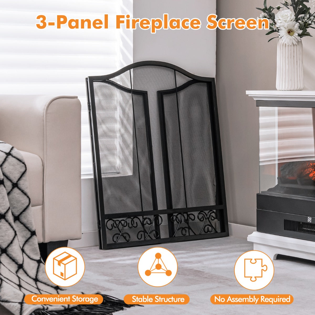 3 Pieces Folding Wide Metal Mesh Fire Panel or Wood and Coal Firing-A