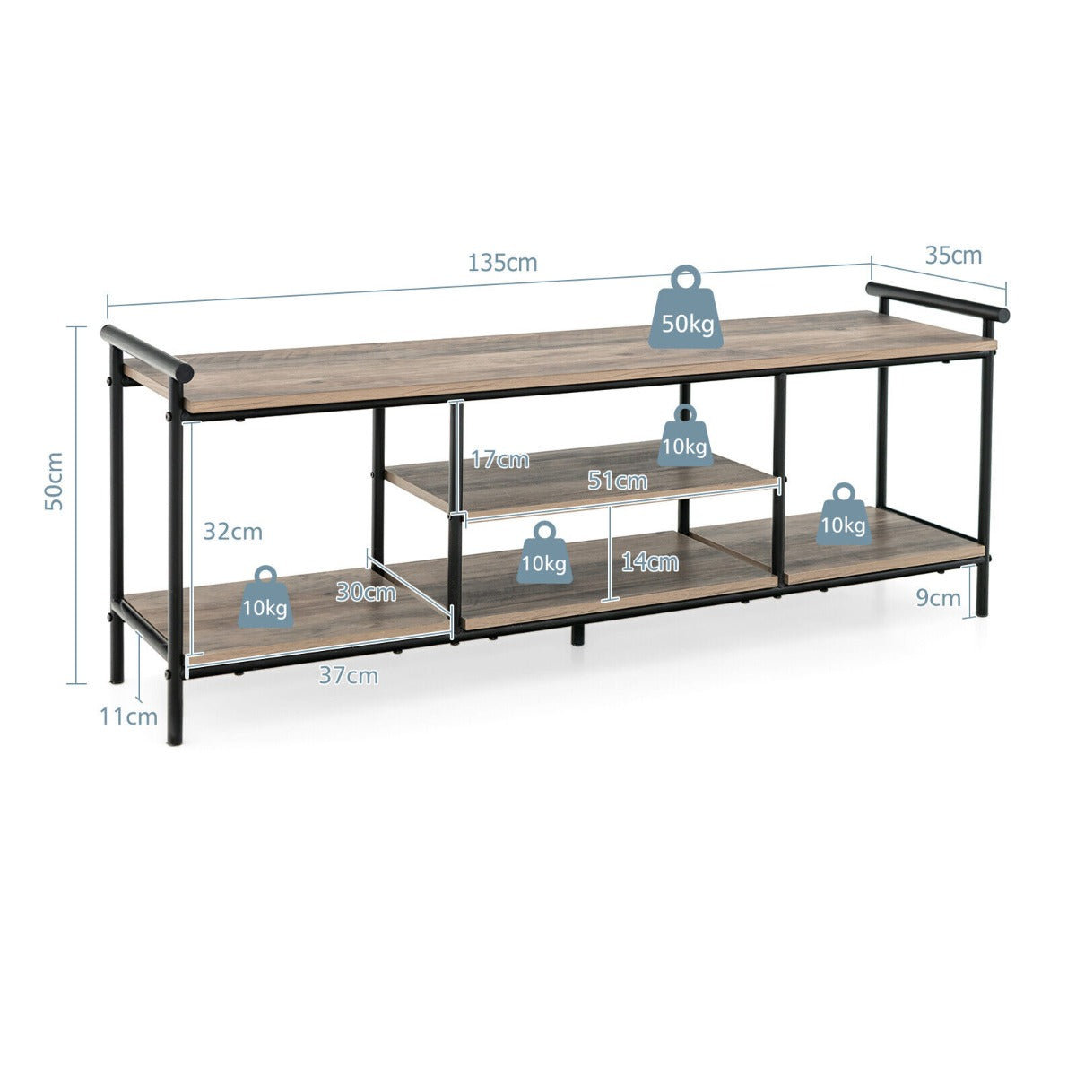 3-Tier Wooden TV Stand with Storage Shelves with Storage Shelves-Natural
