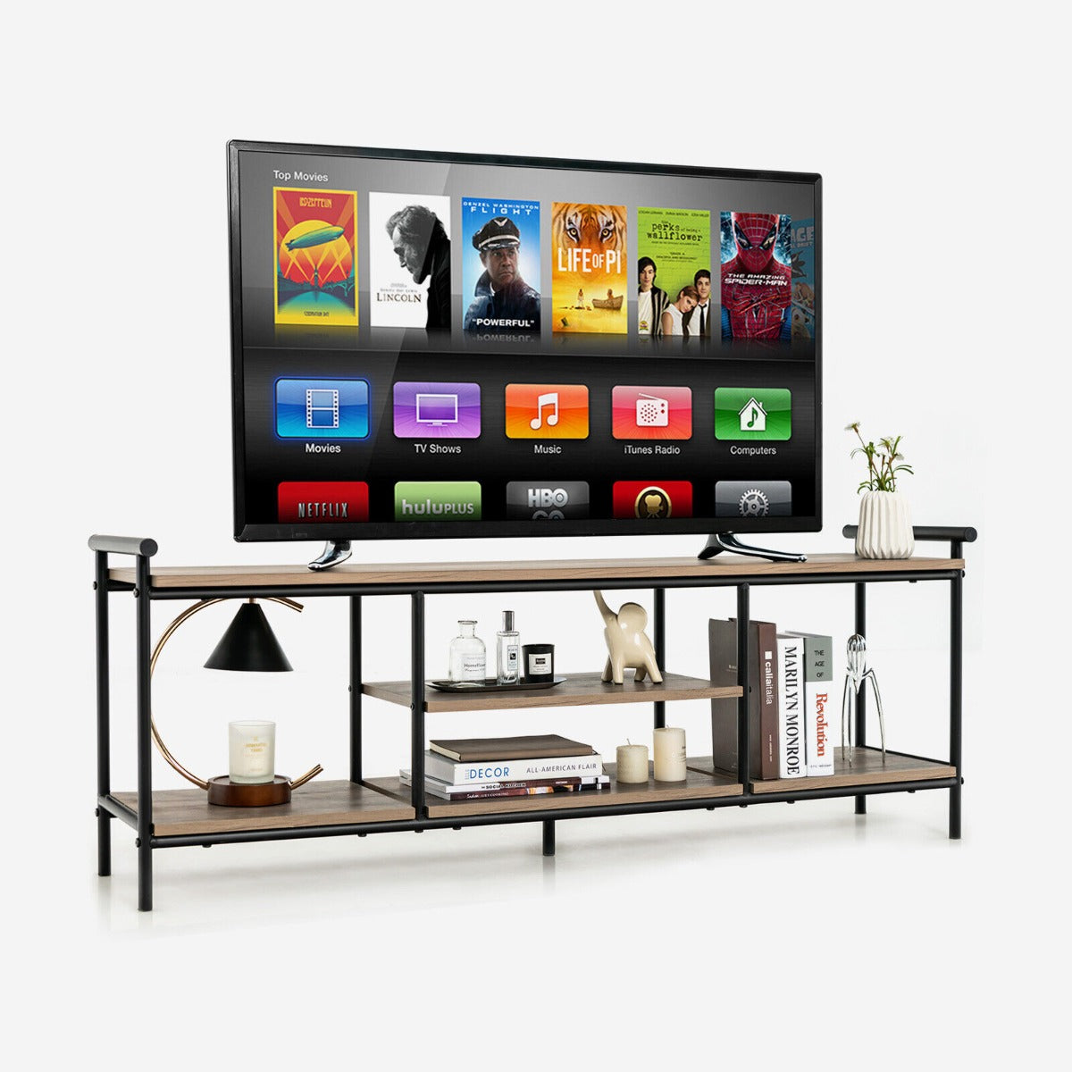 3-Tier Wooden TV Stand with Storage Shelves with Storage Shelves-Natural
