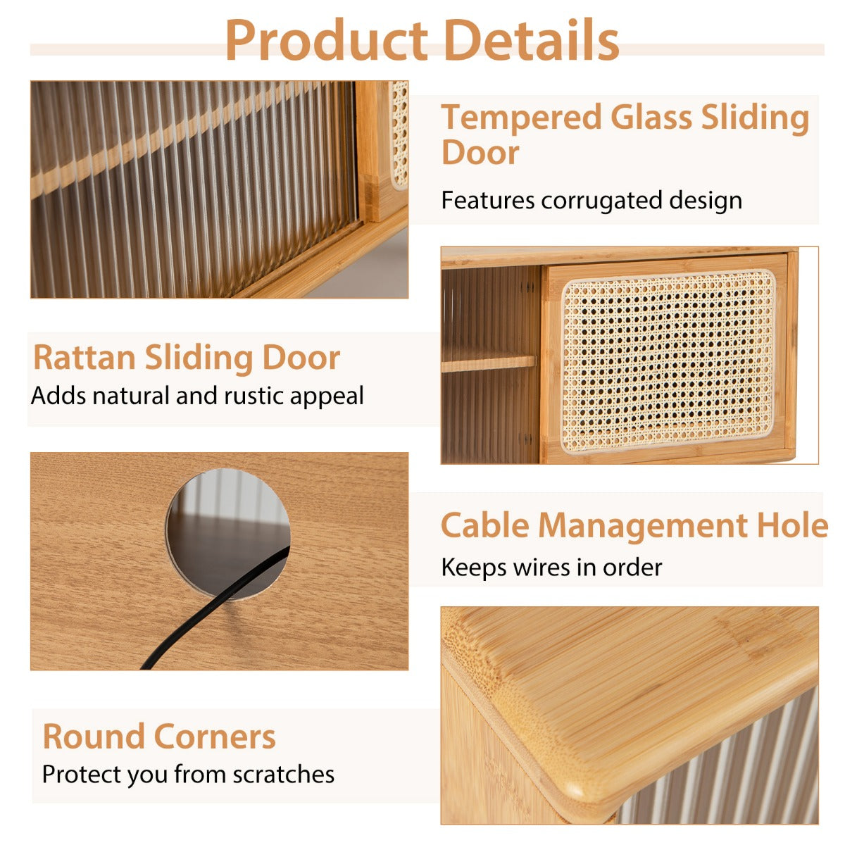 Bamboo Entertainment Center with Rattan and Tempered Glass Sliding Doors-Natural