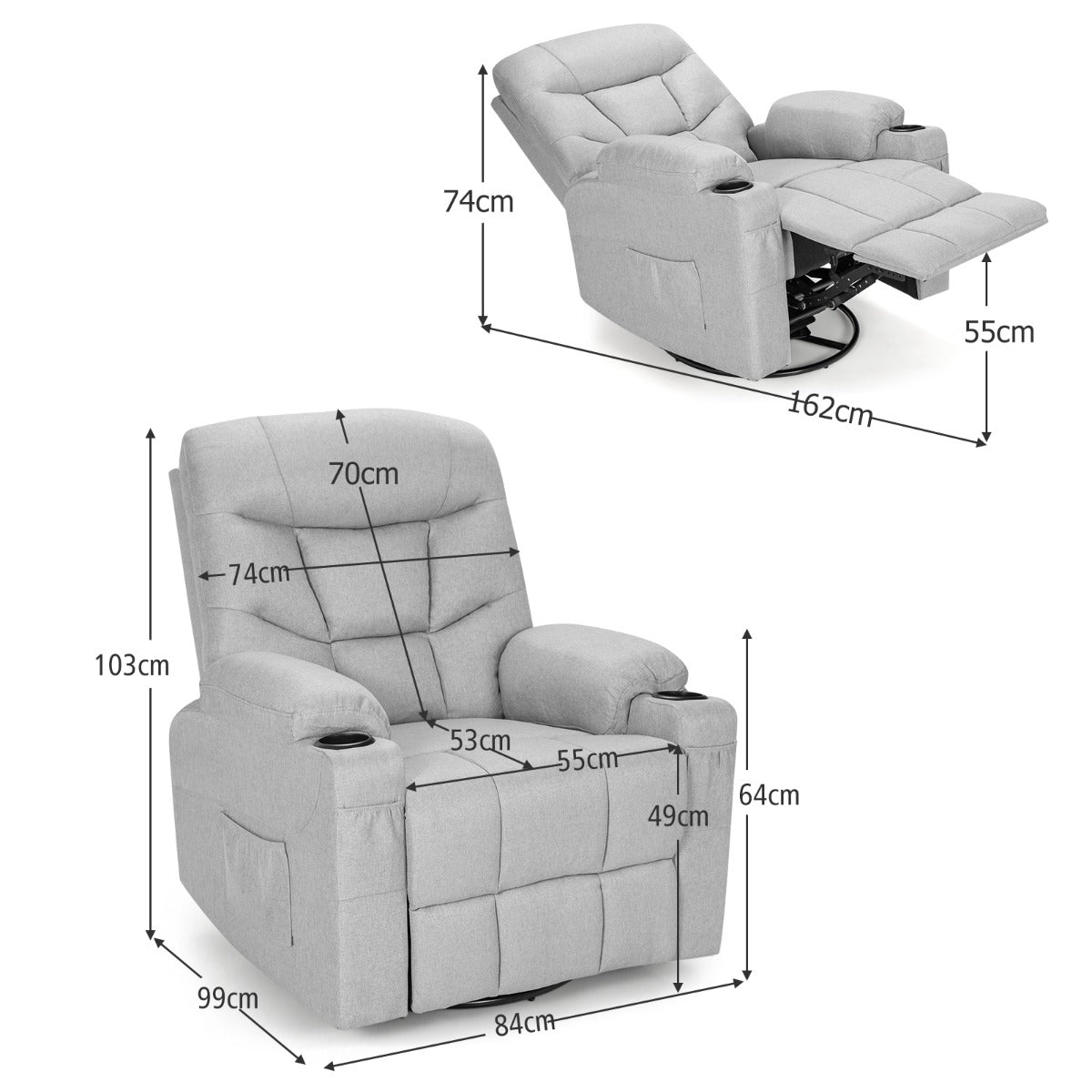 Massage Rocking Recliner Chair with Heat and Vibration-Grey
