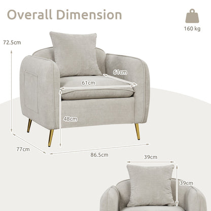 Chenille Velvet Accent Chair with Golden Metal Legs-Beige