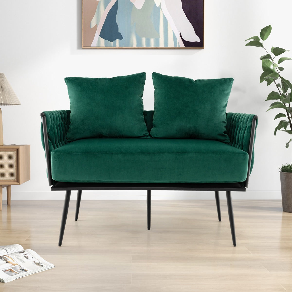 Modern Loveseat Sofa with Woven Back and Arms-Green