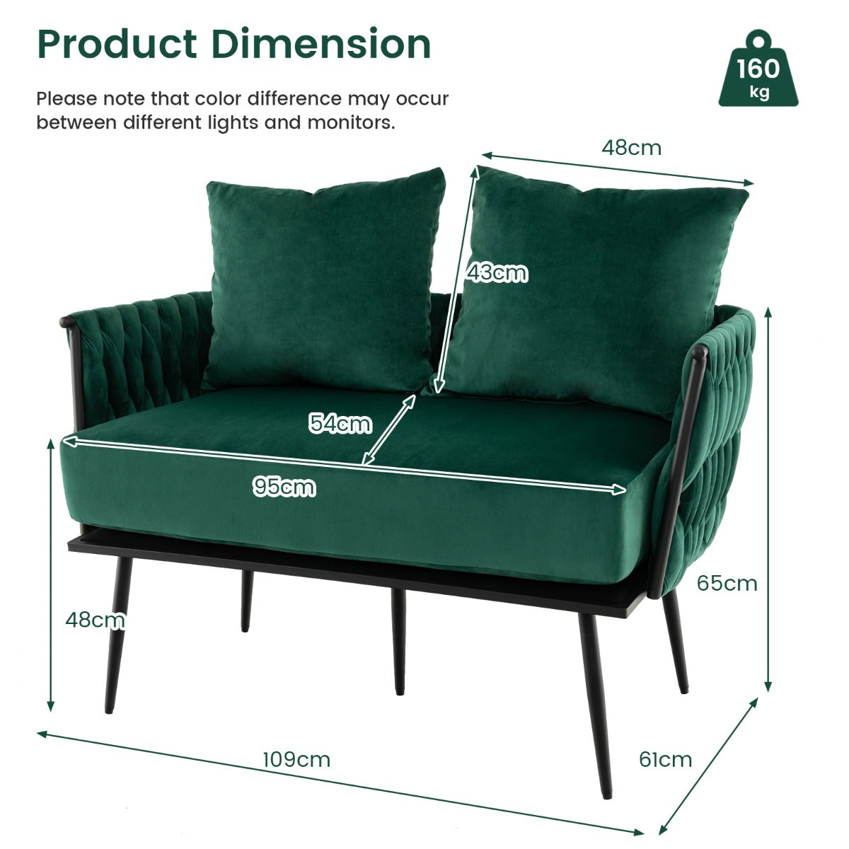 Modern Loveseat Sofa with Woven Back and Arms-Green