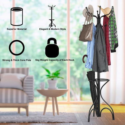 Modern Freestanding Metal Coat Stand with 12 Hooks for Bedroom Entryway-Triangular Base